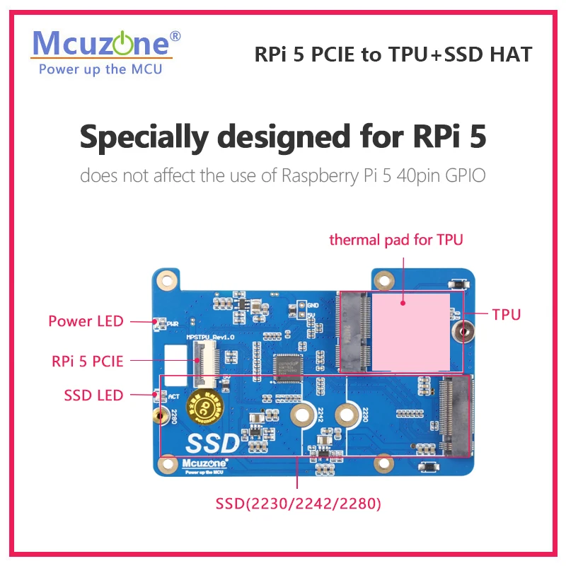 model:MPSTPU,Raspberry Pi 5 PCIE to TPU and SSD HAT, AI for RPi5, support Google coral Edge TPU,support NVME SSD