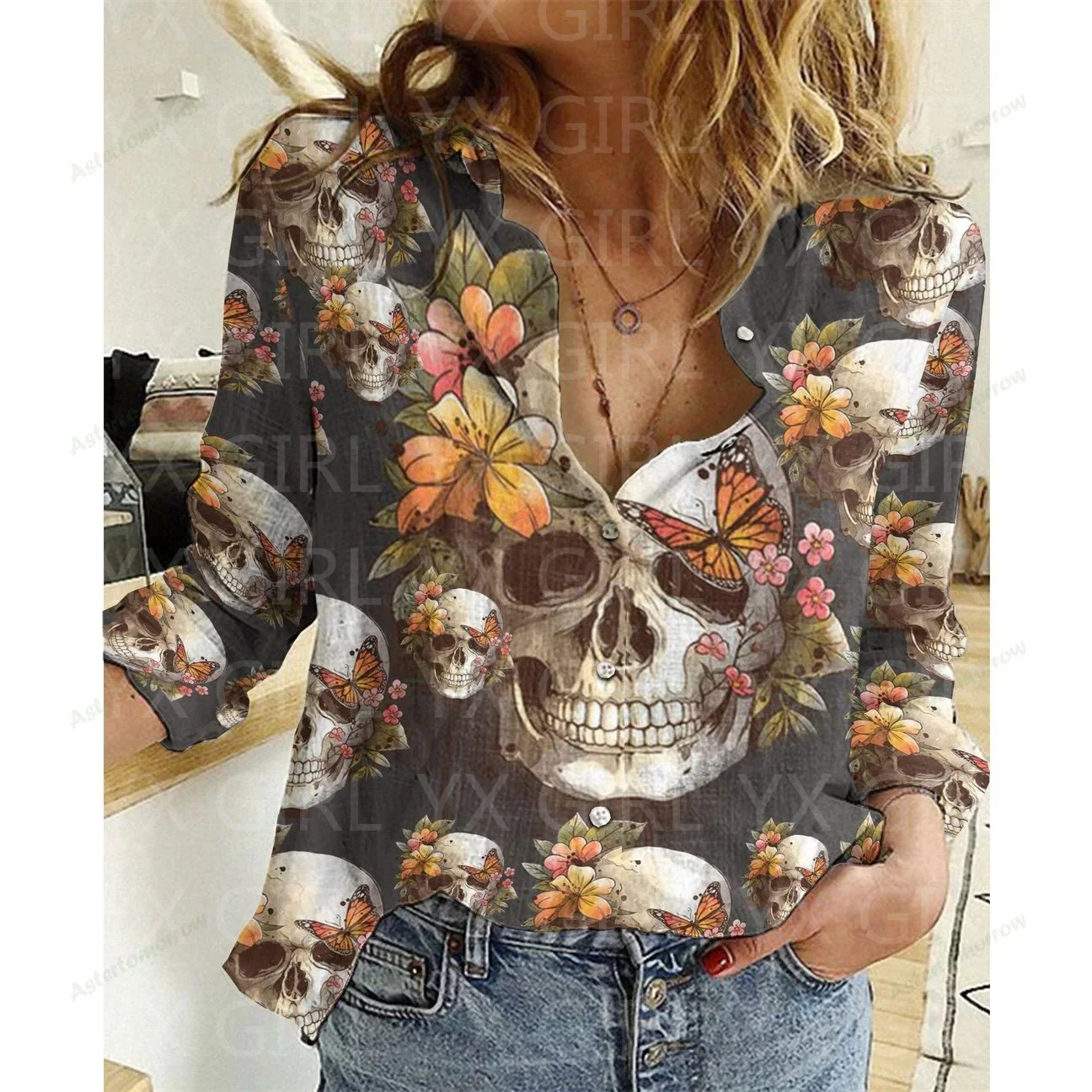 Women\'s Skull Flower Printed Casual Shirt 3D Printed Button-down Shirt Casual Unique Streewear Halloween Gift