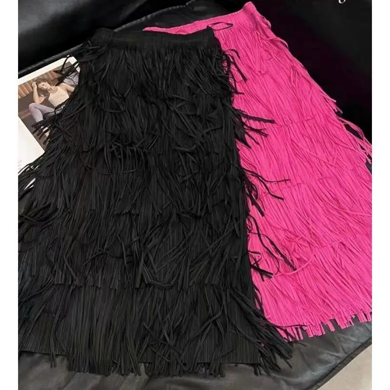 Y2K Tassel Pleated Patchwork A-line Skirt Summer New High Waist Solid High Street Half Skirt Temperament Fashion Women Clothing