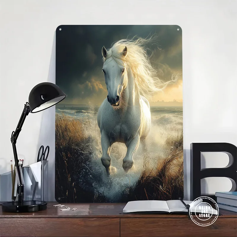White Horse Galloping Through Water Tinplate Poster Customized Wall Art Vintage Metal Signs Retro Tin Plaque for Home and Garden