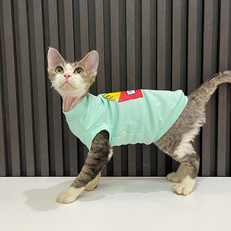 French fries Pajamas for Sphynx Cat Summer Fabric 2-legged Vest for Kittens Soft Mint Green Sleeveless T-Shirt for Devon Rex