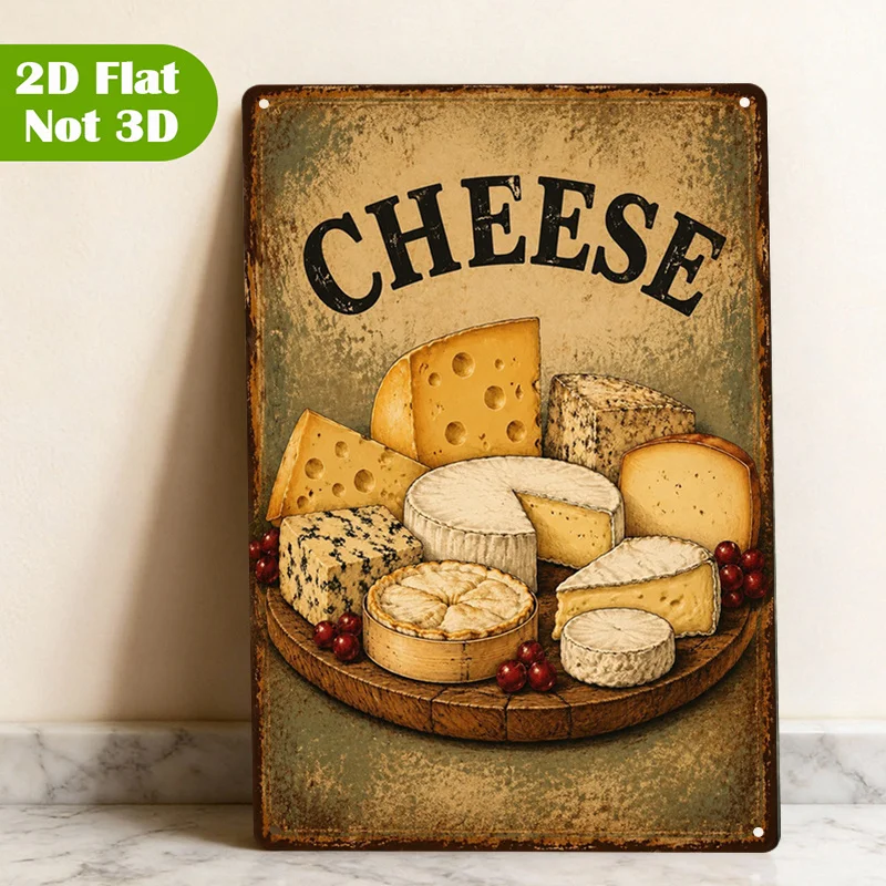 1Pcs Retro Style Cheese Platter Metal Wall Decor Plaque, Rustic Tabletop Plate Sign, Food Cheese Themed Wall Art Decor