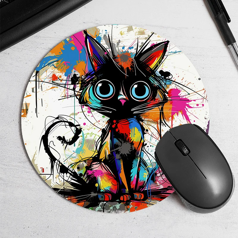 

Splatter Cat Mouse Pad Colorful Splatter Cat Round Mouse Pad Non-Slip Desk Mat Office Home Computer Accessory Nonslip Mousepad