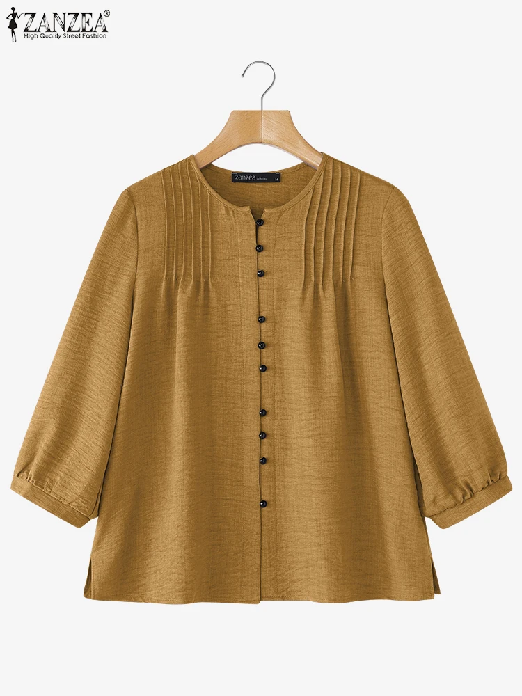 

ZANZEA женские осенние рубашки 2025 года, блузка с длинными рукавами и пуговицами, повседневная блузка с круглым вырезом, однотонные свободные топы, женские рабочие OL Blusas, сорочка оверсайз