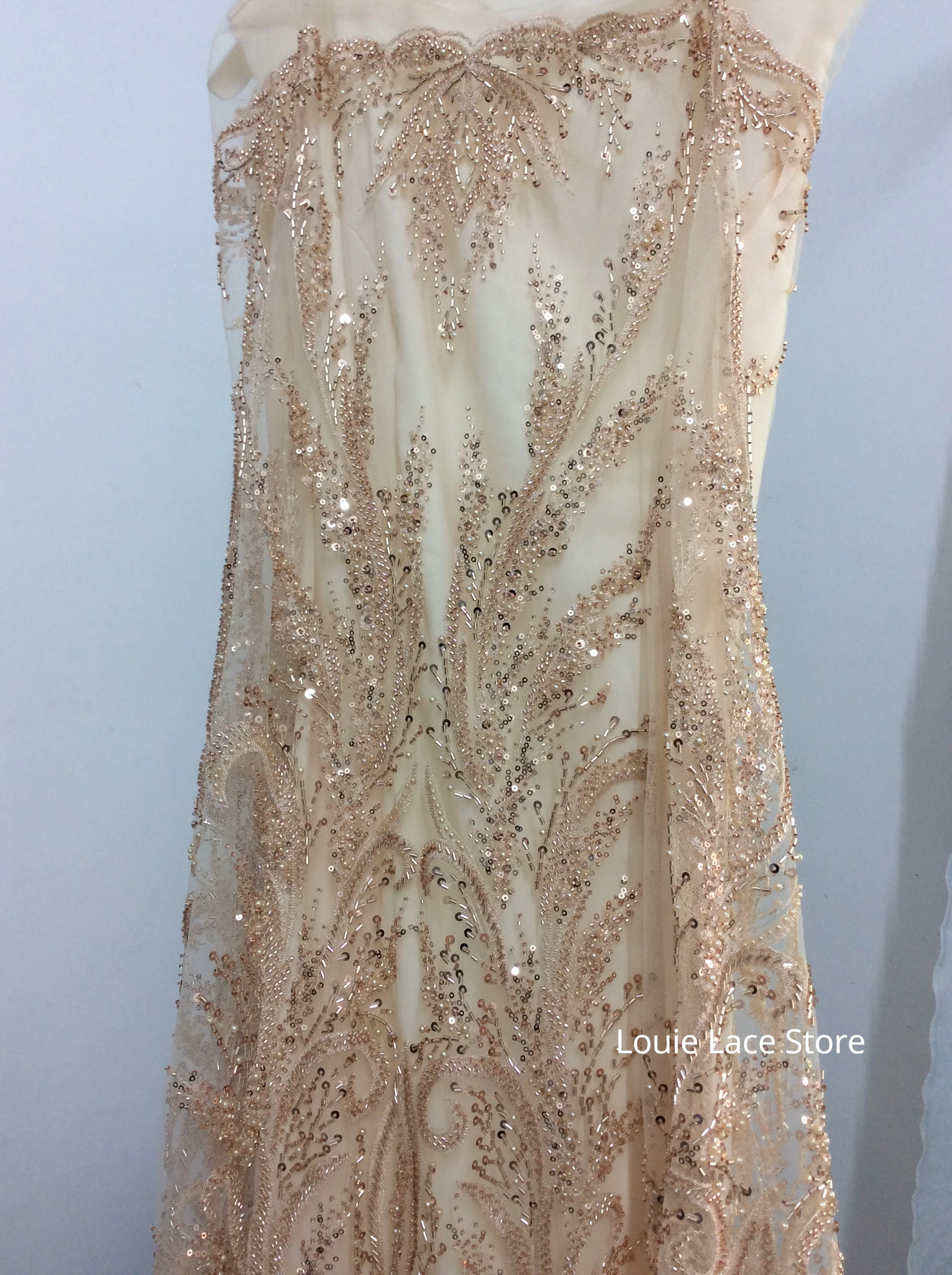 Champagne Color Heavy Beadings Pearl Tulle Mesh Lace Fabric High End Dress Sewing Fabric