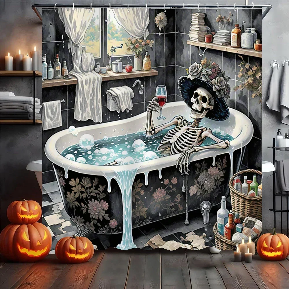Amusing and Creative Skeleton Skull Shower Curtain Waterproof Bathroom Curtain Funny Scary Halloween home Decorative Curtain