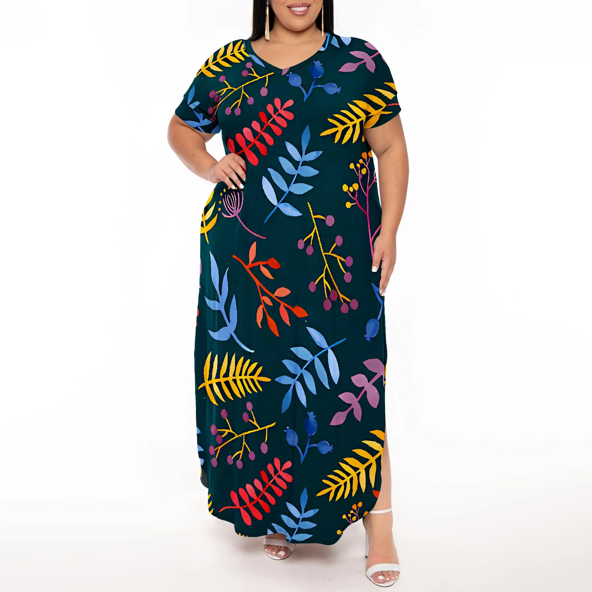 

Plus Size Boho Maxi Dress Colorful Leaf Print Short Sleeve Vacation Outfit
