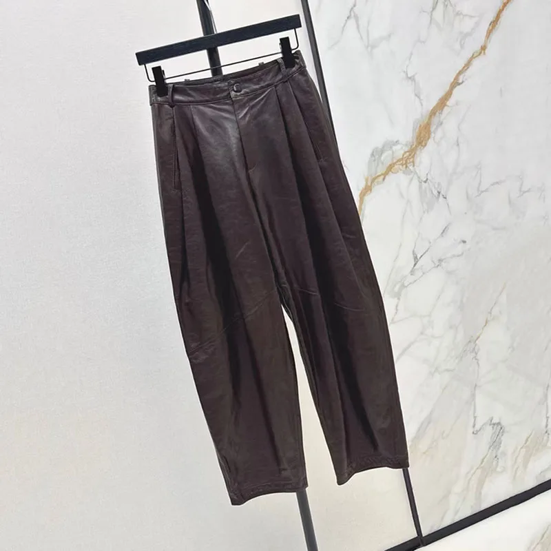 Oiled-waxed sheepskin wide-leg pants, pleated tapered loose-fit pants, slimming casual genuine leather pants, 2026, new style,