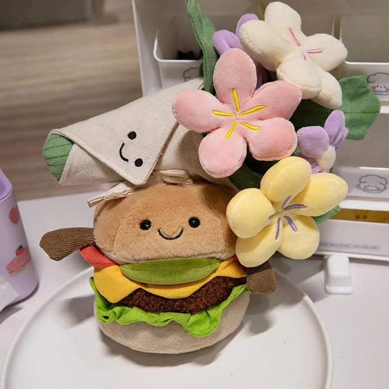 Soft Simulation Hamburger Plush Stuffed Toys Creative Food Burger Cartoon Flower Bouquet Pillow Girlfriends Birthday Gifts