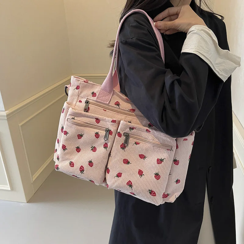 

Spring and Autumn Simple Corduroy Printed Versatile Strawberry Large Capacity Shoulder Cross Carrying Tote Bag for Women