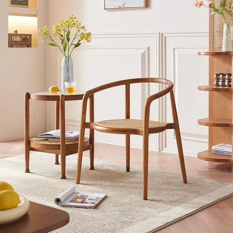Nordic dining chair solid wood home retro backrest rattan dining chair hotel homestay armrest coffee table rattan chair three-pi