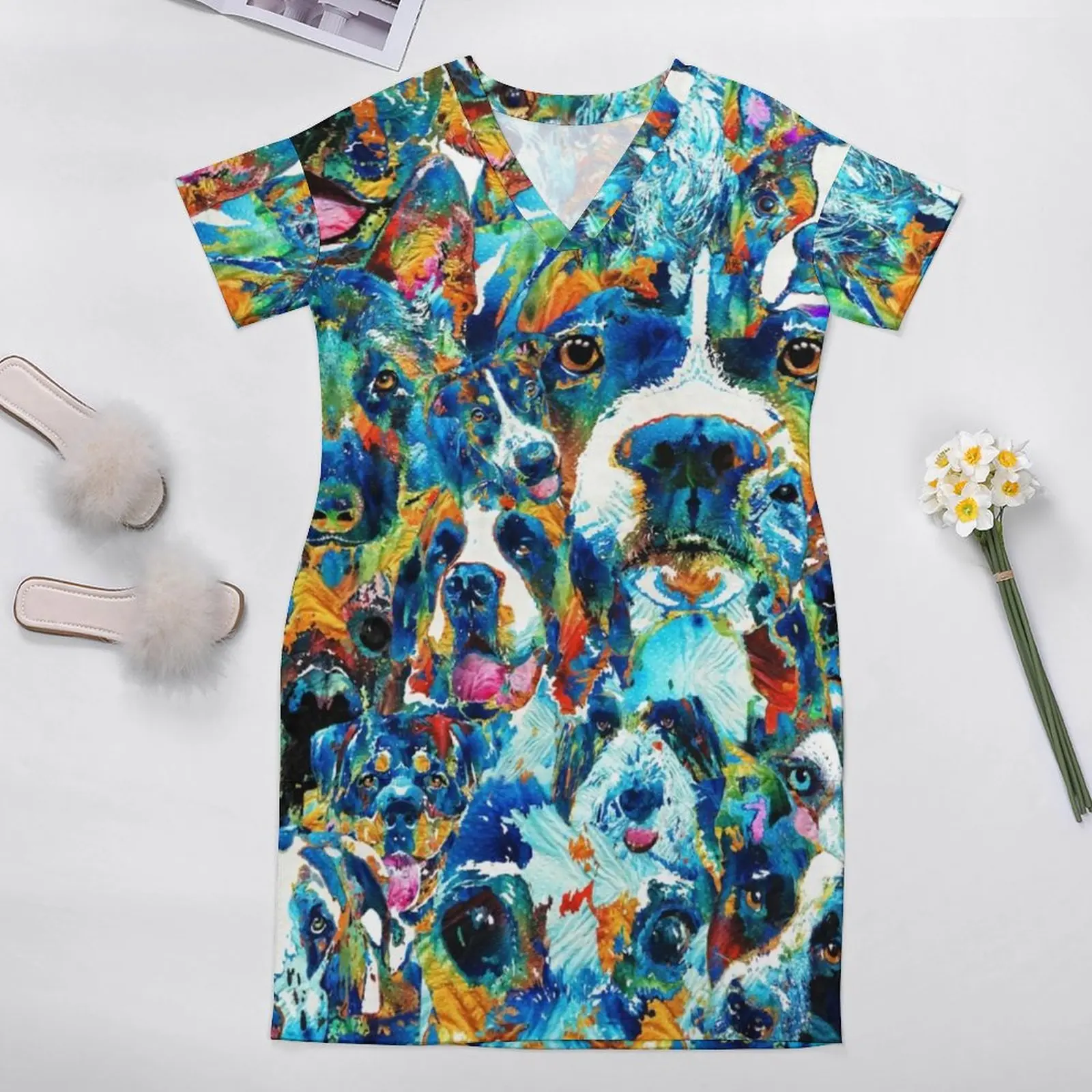 Dog Lovers Delight Casual Dress Holiday Colorful Animal Abstract Design Dresses V Neck Print Street Fashion Dress Plus Size 5XL