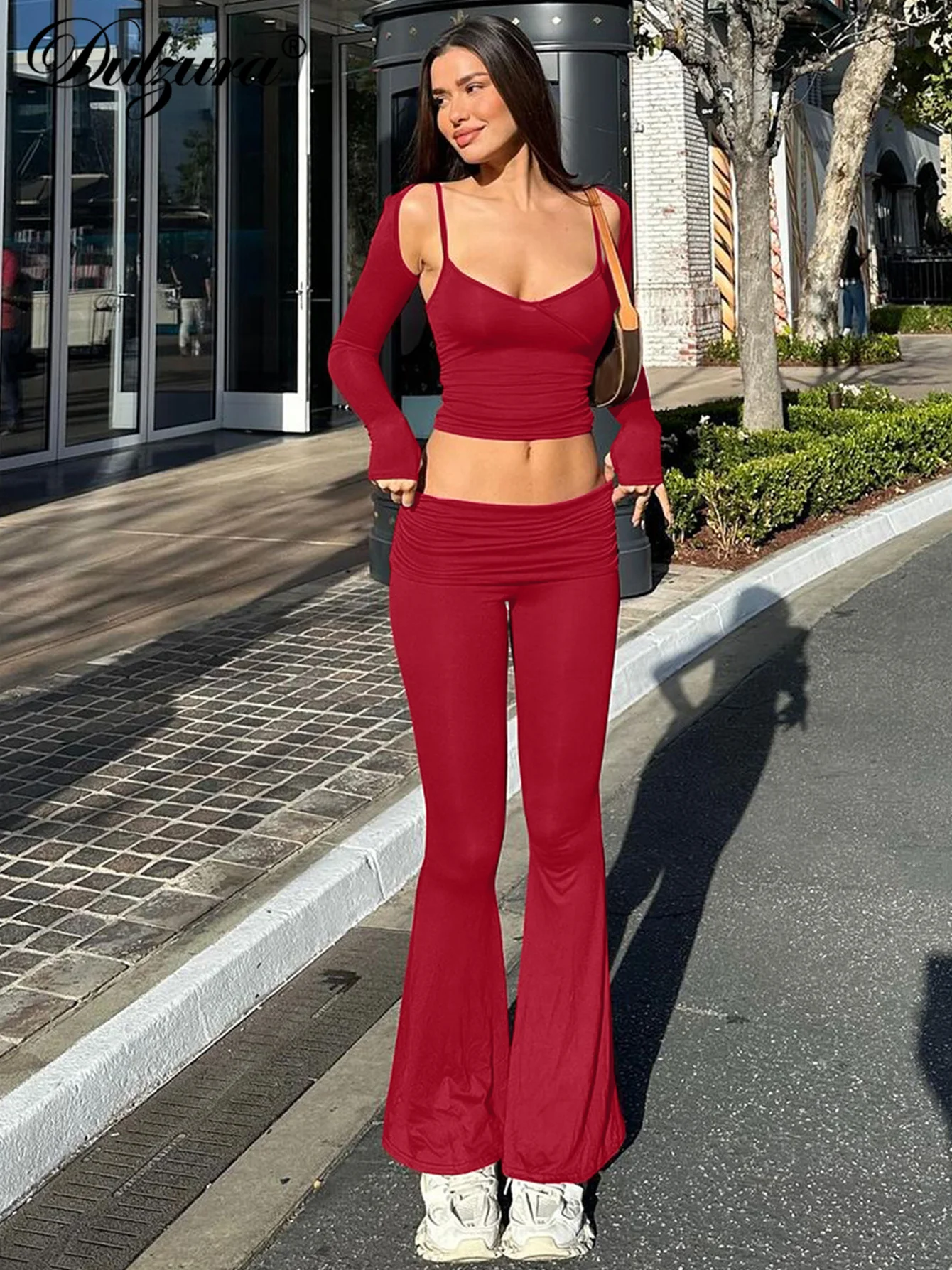 Zura-Camisole tactique à manches longues et pantalon évasé, ensemble assressenti, streetwear de club, gilet décontracté sexy, 2 pièces