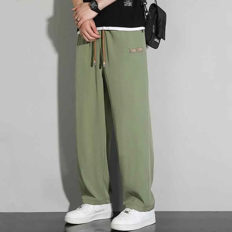 Summer Thin Quick Drying Ice Silk Straight Wide Leg Pants Men Solid Drawstring Patchwork Pocket Elastic Sports Casual Trousers