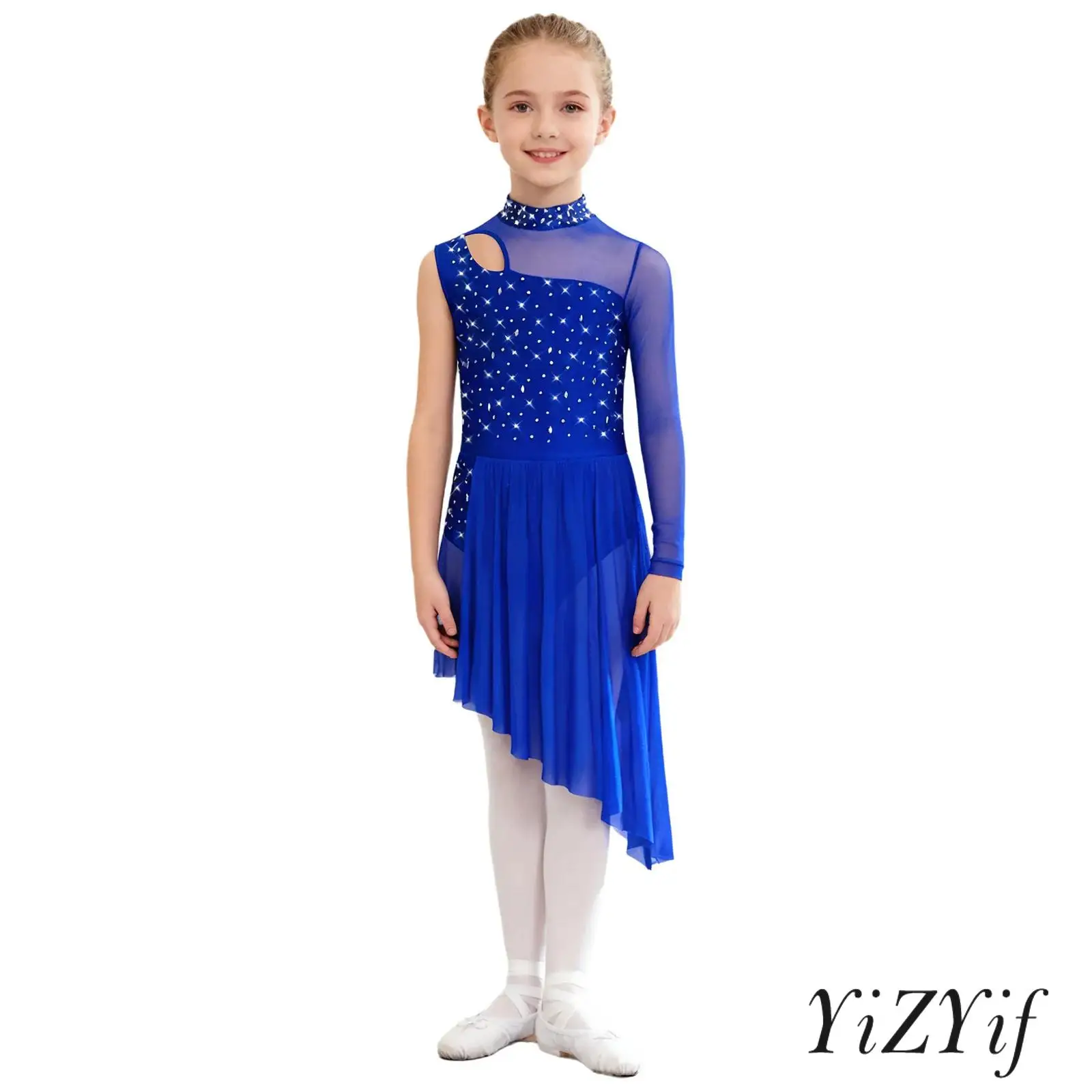 

Kids Girlsl Lyrical Dance Costume Mock Neck Cutout Sheer Mesh Patchwork Shiny Rhinestones Side Split Dress Ballet Dancewear