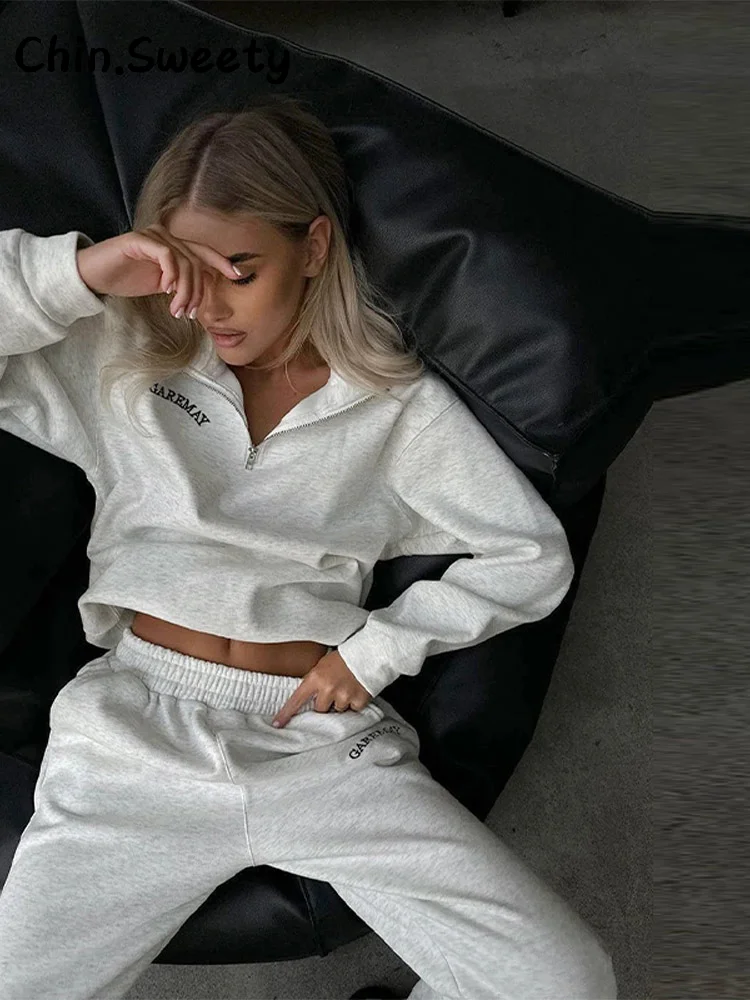 

Шикарный женский спортивный костюм на молнии, однотонные свободные топы с длинными рукавами и лацканами, прямые брюки, весна-осень 2021, женская повседневная спортивная одежда