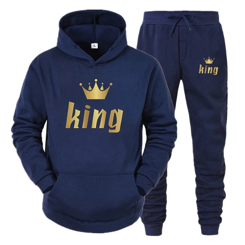 

Fashion Long Sleeves KING And QUEEN Printed Hooded Suits Autumn Winter Couple Hoodie + Pants 2-Piece Suit