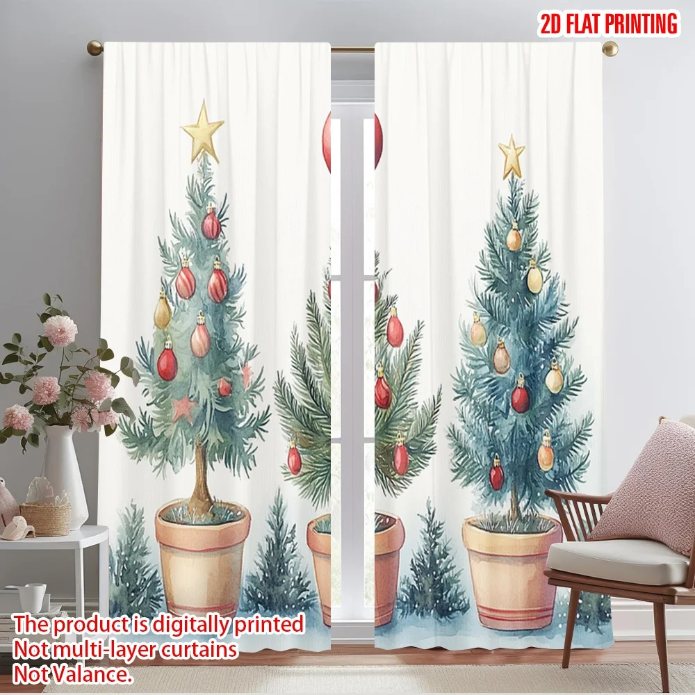 2pcs,2D plane printing Window Curtain Christmas Tree Ornament Watercolor (2) Polyester Easy Install (without rod) Festive Ldeal