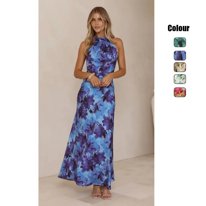

Elegant Floral Print Maxi Dress Women Halter Neck Sleeveless Backless A Line Casual Summer Bridesmaid Party Cocktail Dress