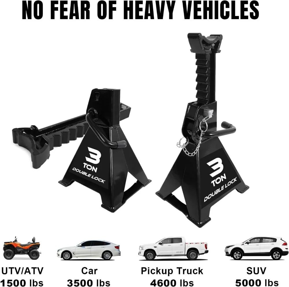 Heavy Duty Steel Jack Stands: Double Locking Pins, 3 Ton (6000 lb) Capacity, Adjustable Height 11-16 inches, Black Pair