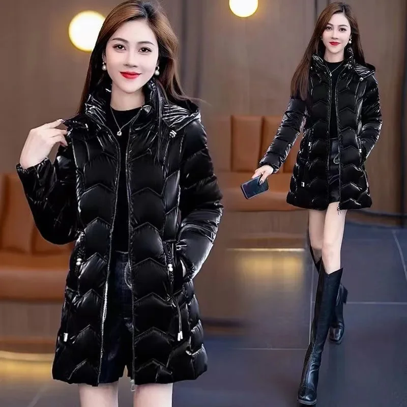 Pearlescent Colorful Cotton Jacket for Women Medium Long 2024 New Winter Cotton Jacket Stylish Slimming Shiny Thick Cotton Coat