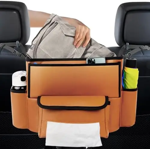 

Кожаный держатель для сумок в автомобиль - вместительный органайзер на сиденье для сумок и аксессуаров (коричневый)