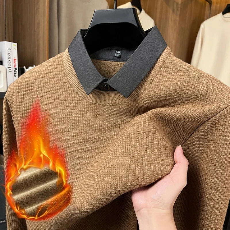 

Two-Layer Design with Soft Wool Blend, Men's 550g Fleece-Lined Waffle Knit Pullover, Gold Medal Quality Autumn Winter