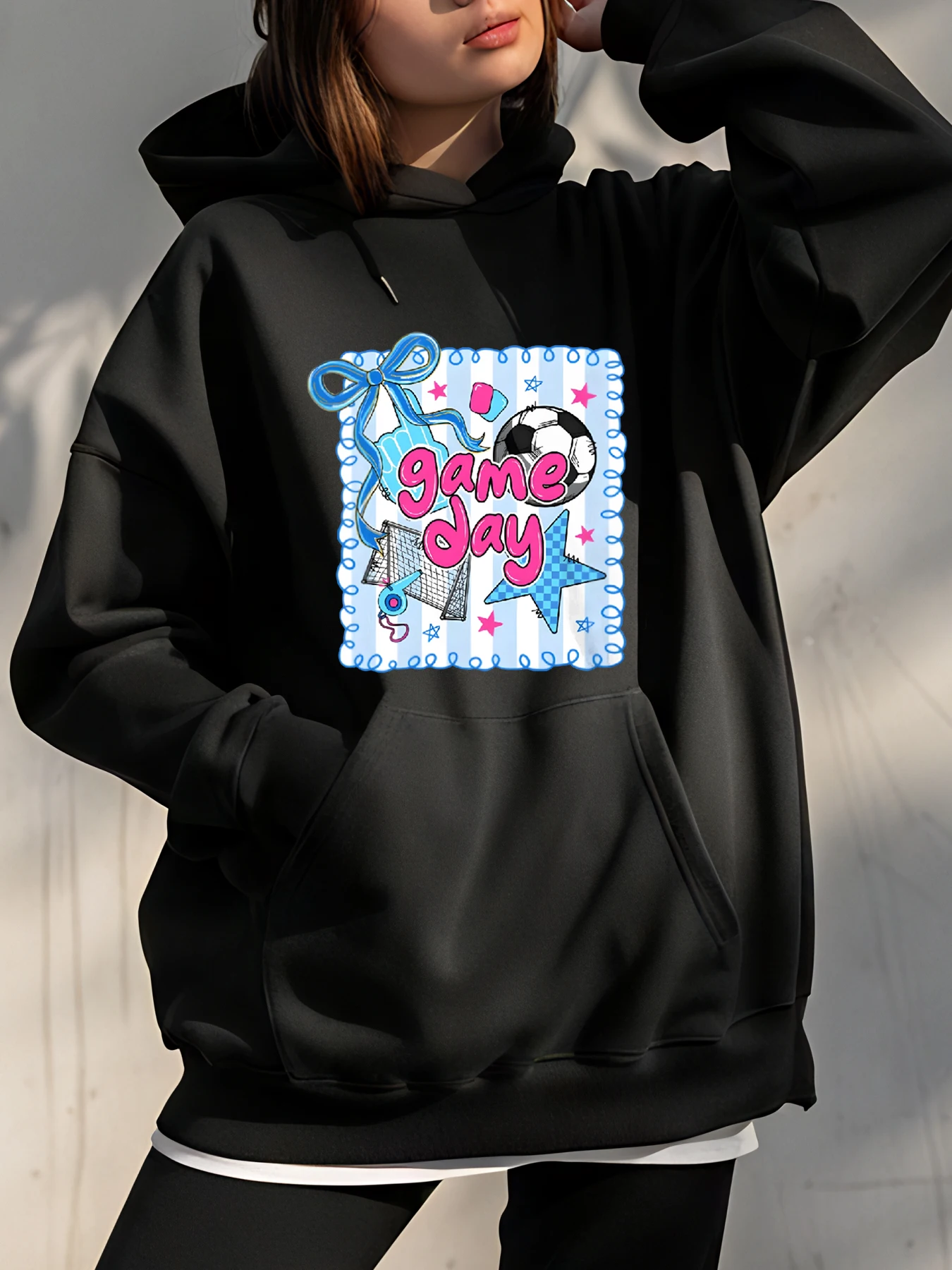 

Толстовка с капюшоном для дня игры в футбол, женская милая толстовка с футбольным принтом, повседневная спортивная одежда для девочек, молодежная модная одежда