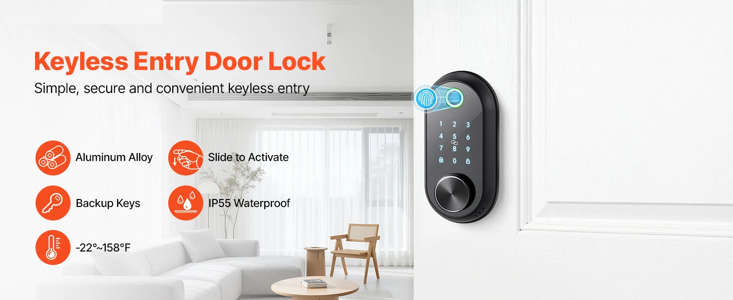 SucceBuy Fingerprint Door Lock Electronic Biometric Deadbolt with Touchscreen Auto Locking Anti-Peeking Password for Apartment