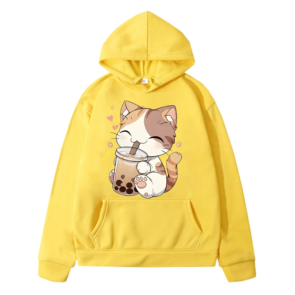 Cute Cat And Bubble Tea Print anime hoodie Fleece Sweatshirt y2k sudadera pullover boy jacket Kawaii Hoodies kids clothes girls