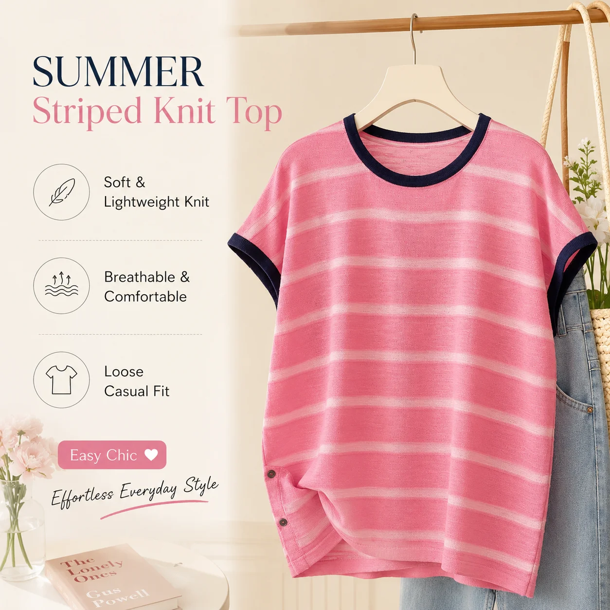 Women Striped Knit T Shirt Summer Korean Loose Fit Short Sleeve Top Contrast Trim Side Button Casual Pullover Blouse