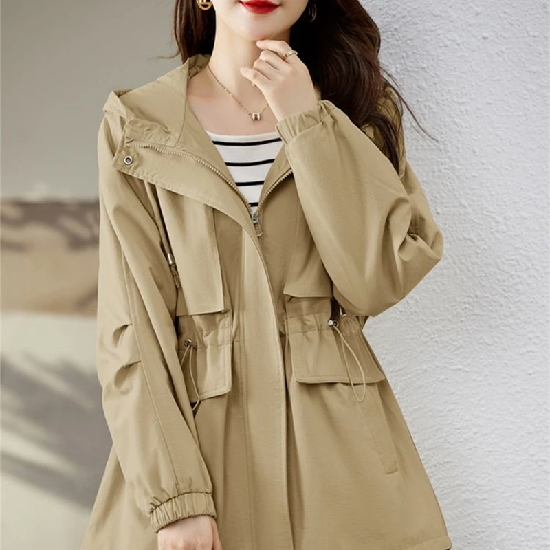 Women Trench Coat 2025 New Spring Autumn Clothes Hooded Windbreaker Jacket Female Outerwear Tops Slim Joker Casual Student Coats