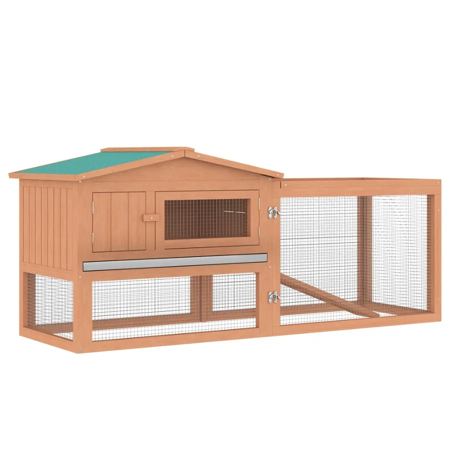 PawHut Rabbit Hutch 2Story Bunny Cage Small Animal House with Slide Out Tray Detachable Run for Indoor Outdoor 61.5 x 23 x 27 N