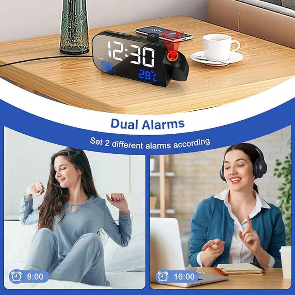 Digital Projection Alarm Clock with FM Radio, Temperature and Humidity display. Smart Sound Control Light Up Function. Gift Idea
