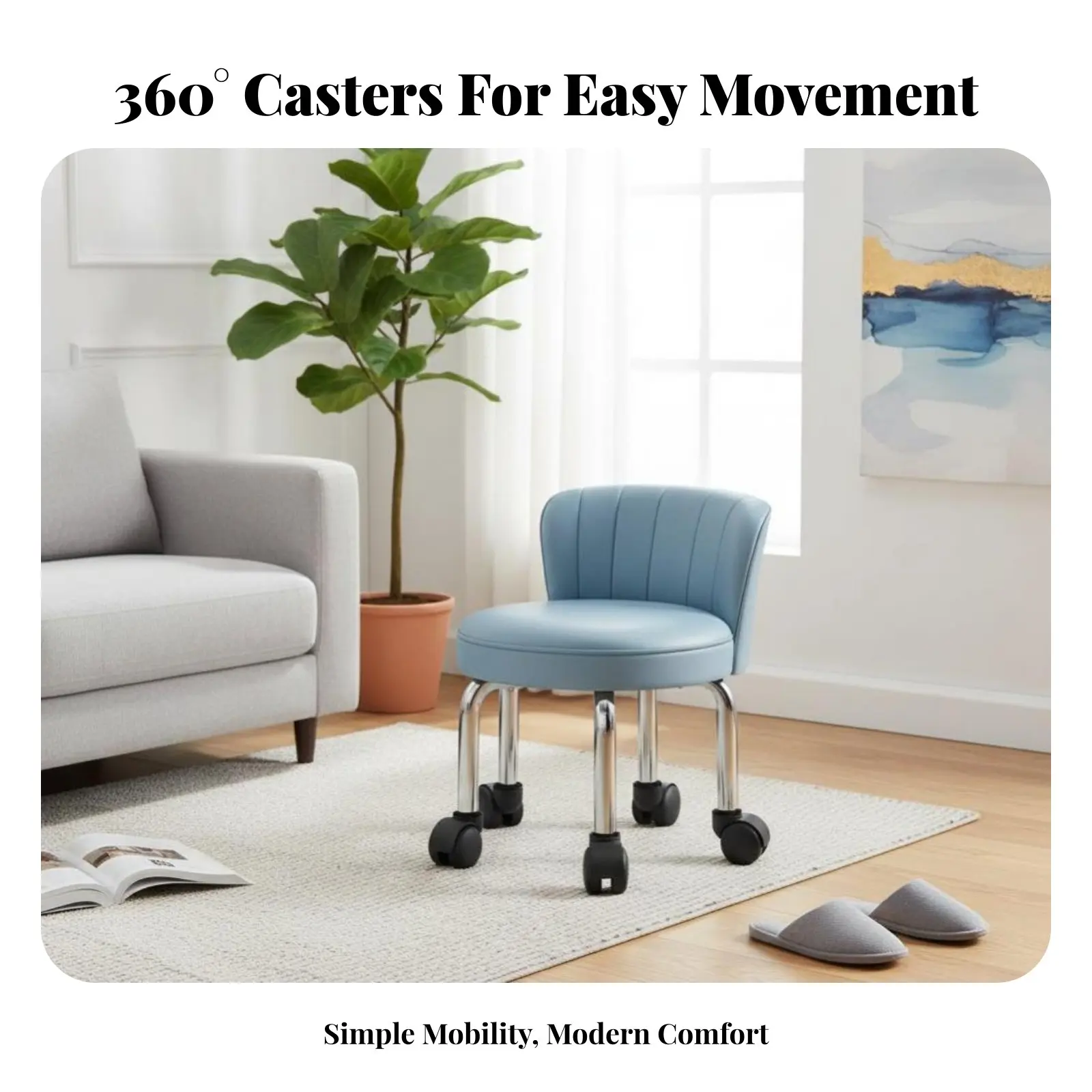 Low Caster Stool with Spine-Supportrest Quiet Casters Rolling Chair with Spine-Support 360-Degree rotationDegree Rotating Wheels view 2