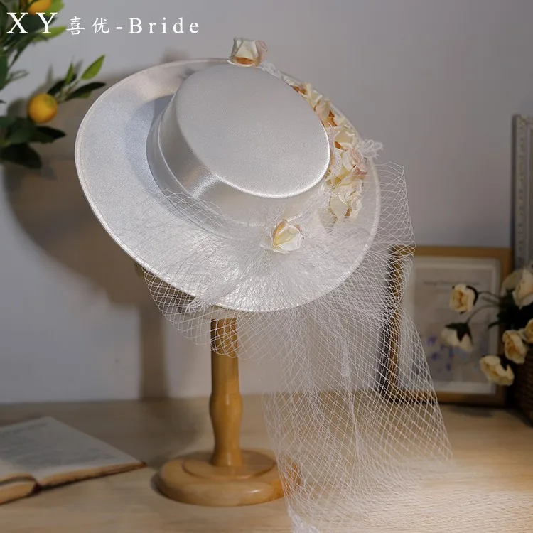 Brand White Satin Flower Fedoras For Women Large Deep Wedding Hat With Face Veil Bride Photo Shooting Fascinator Hat Headdress