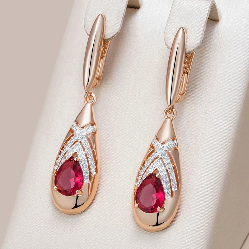 Wbmqda Luxury Red Natural Zircon Long Drop Earrings For Women 585 Rose Gold Silver Color Vintage Ethnic Wedding Jewelry Gift