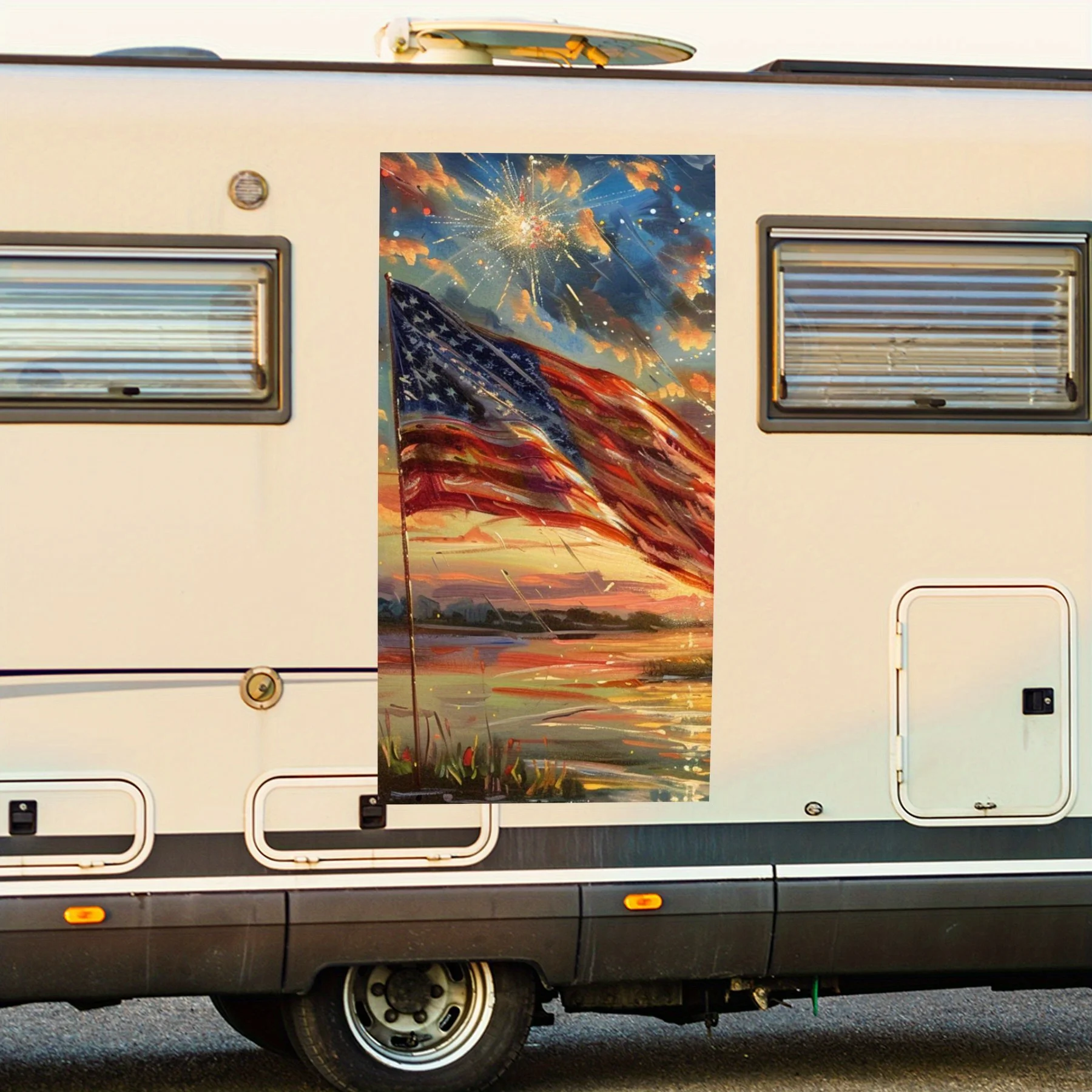 

American Flag Sunset Beautiful Motorhome Car Door Sticker PVC Self Waterproof Stick, Striking Auto Exterior Accessories Decor Pr