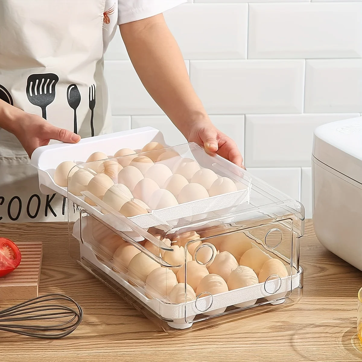 

Durable 2-Tier Refrigerator Egg Holder - 40 Compartment Clear Plastic Egg Box with Drawer, Modern Organizer for Fresh Eggs