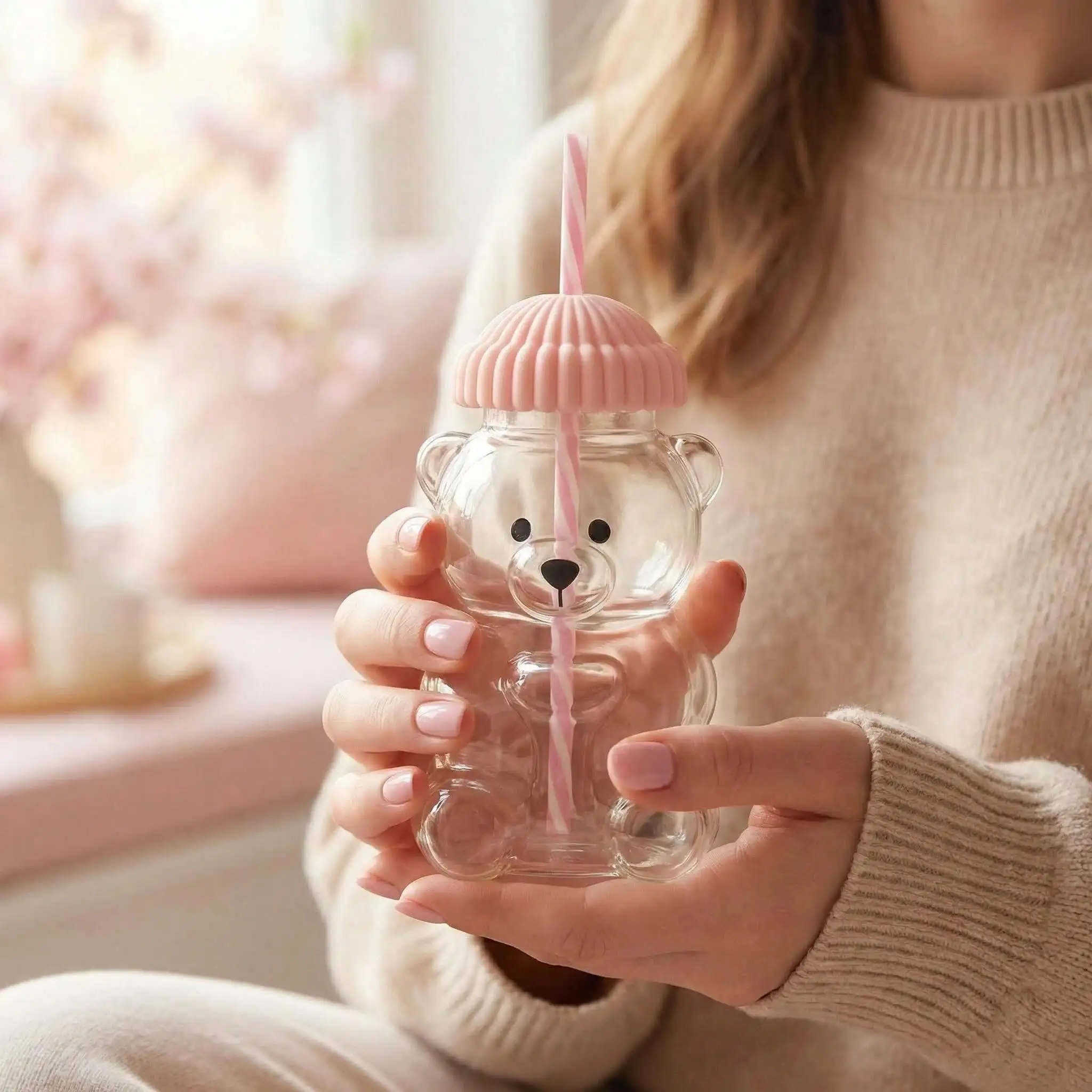 590ml/20oz Cute Bear Shaped Glass Cup with Pink Hat Lid & Straw Transparent Adorable Drinking Bottle Durable Playful Drinkware for Home Office Gift for Women Girls Birthday Housewarming Bridesmaid Graduation Holiday