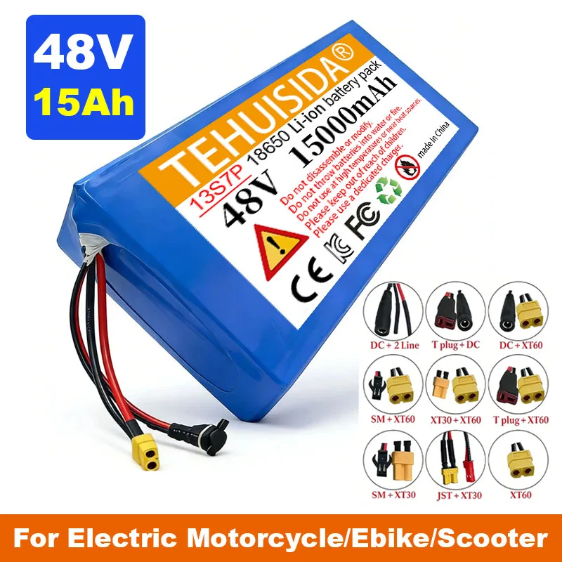 New 48V 15Ah High Capacity E-Bike Battery 18650 Lithium-ion Pack 13S7P with BMS + 54.6V Charger for Electric Scooter/E-Bike