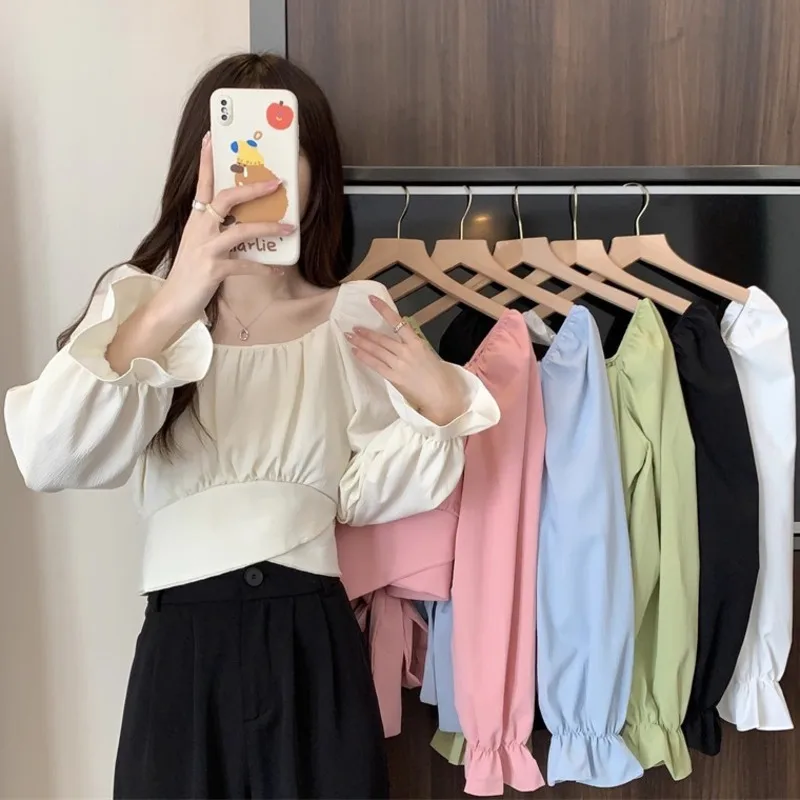 Autumn Women Off Shoulder Tshirt Chic Elegant Solid Flare Long Sleeve Tee Back Lace Up Bow Cropped Tops Folds Casual T-shirts