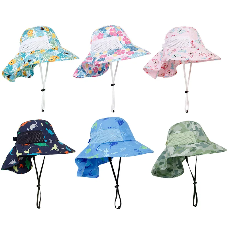 2024 Summer Baby Hat with Shawl Quick-Drying Print Sun Cap for Boys Girls Fisherman Hats Children Beach Travel Kids Accessories