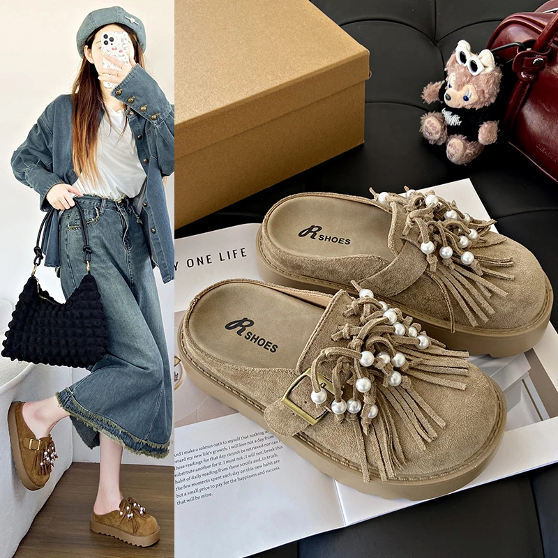 Retro velvet increased female 2025 new spring season tassels pearl all-match Baotou drag lazy kick pedal