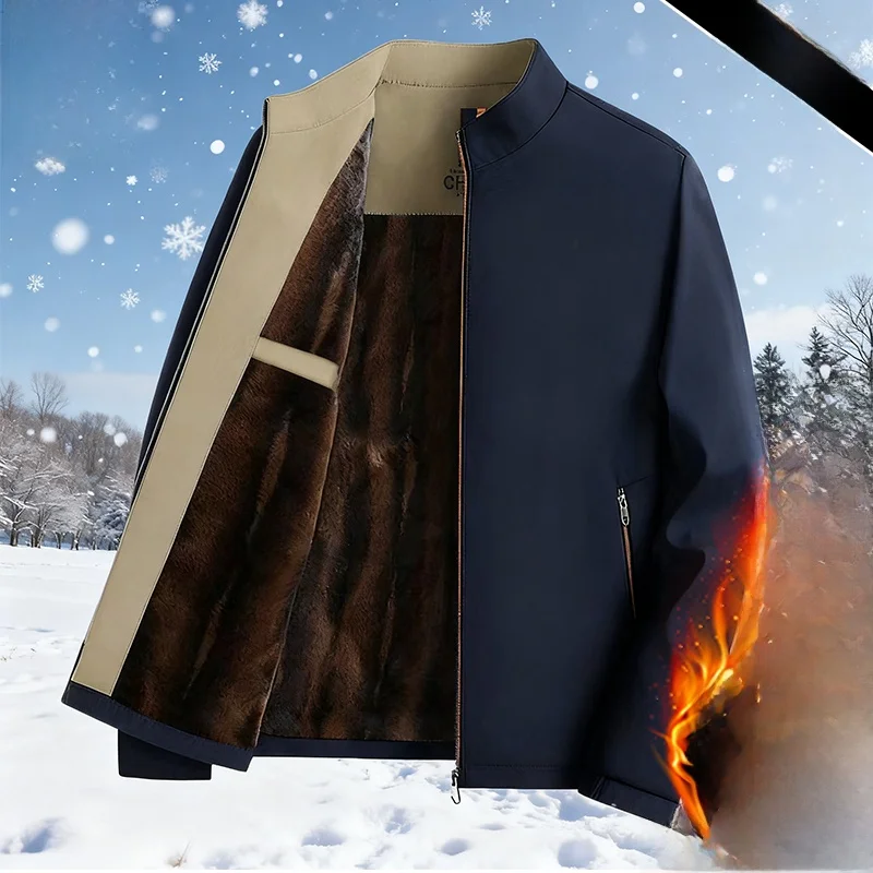 

Thiened Fce Lined Stand Collar Jaet Casual Winter Busin Sle for Middle-Aged And ly Men Dad Adstrative Coat