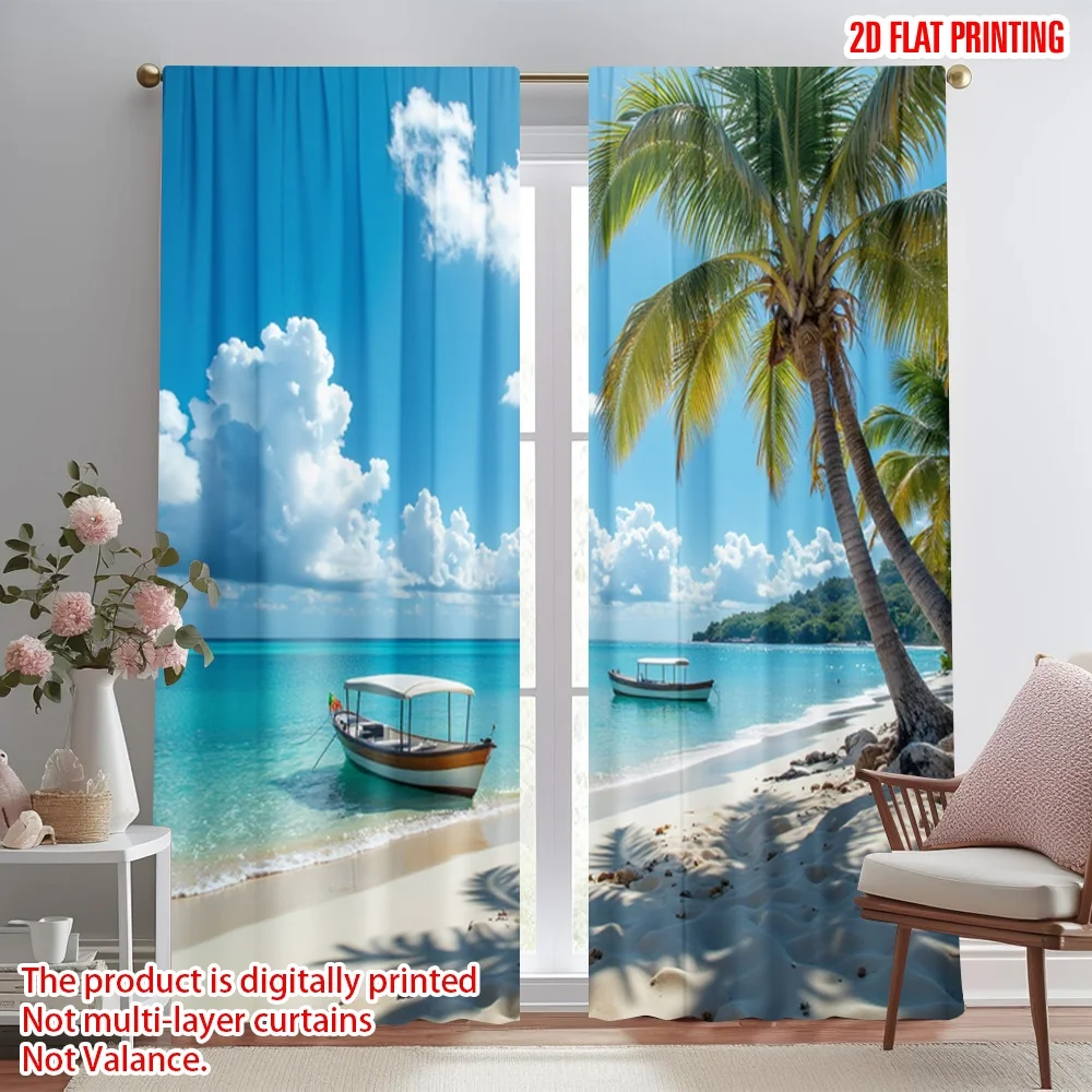 

2D flat printing 2pcs Curtain Tropical Beach Paradise(12) Digital Printed Polyester Drapes Birthday Party Perfect for Holiday