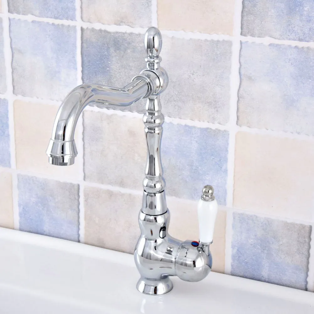 

Chrome Finish Brass Single Hole Deck Mount Kitchen Basin Faucet Swivel Spout Bathroom Sink Cold Hot Water Taps 2sf651