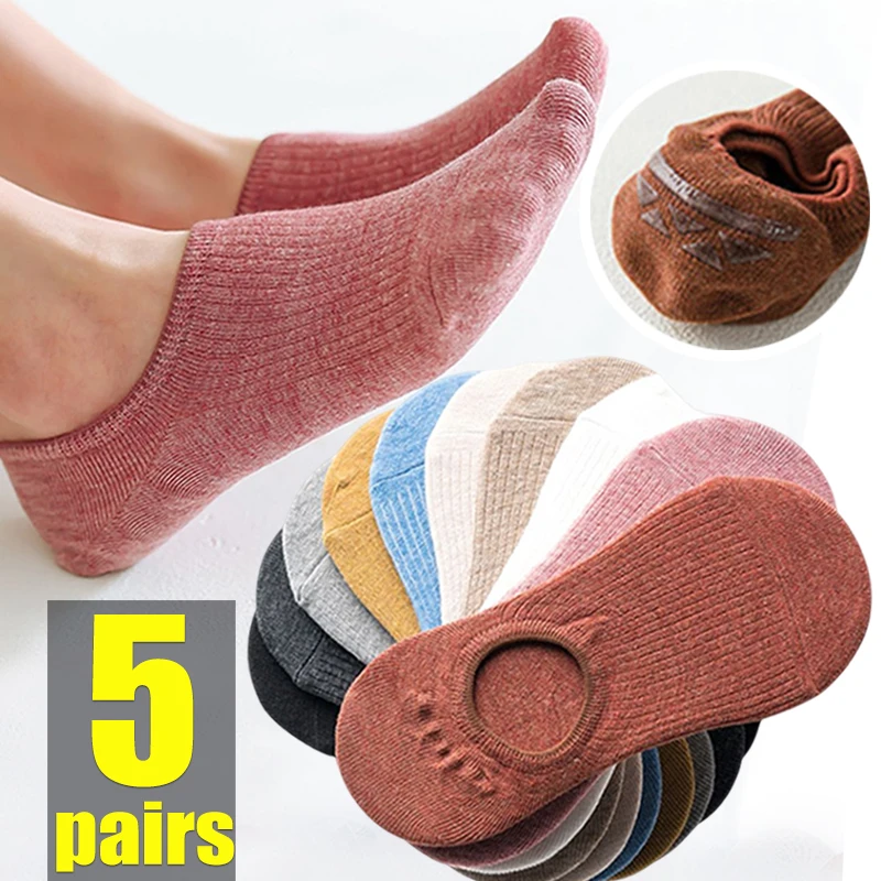 

5Pairs Women Invisible Boat Socks Summer Short Sock Silicone Non-slip Chaussette Low Ankle Female Cotton Breathable Calcetines