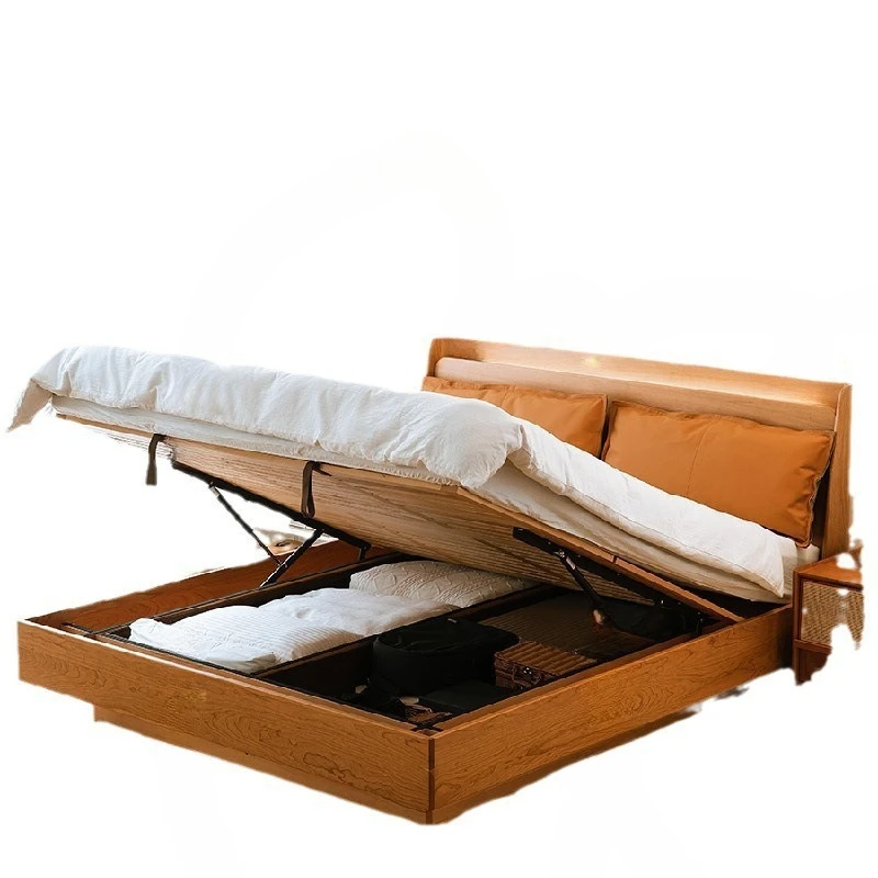 Walnut, Nordic Cherry, Solid Wood Storage Bed, Household Log Suspension Bed