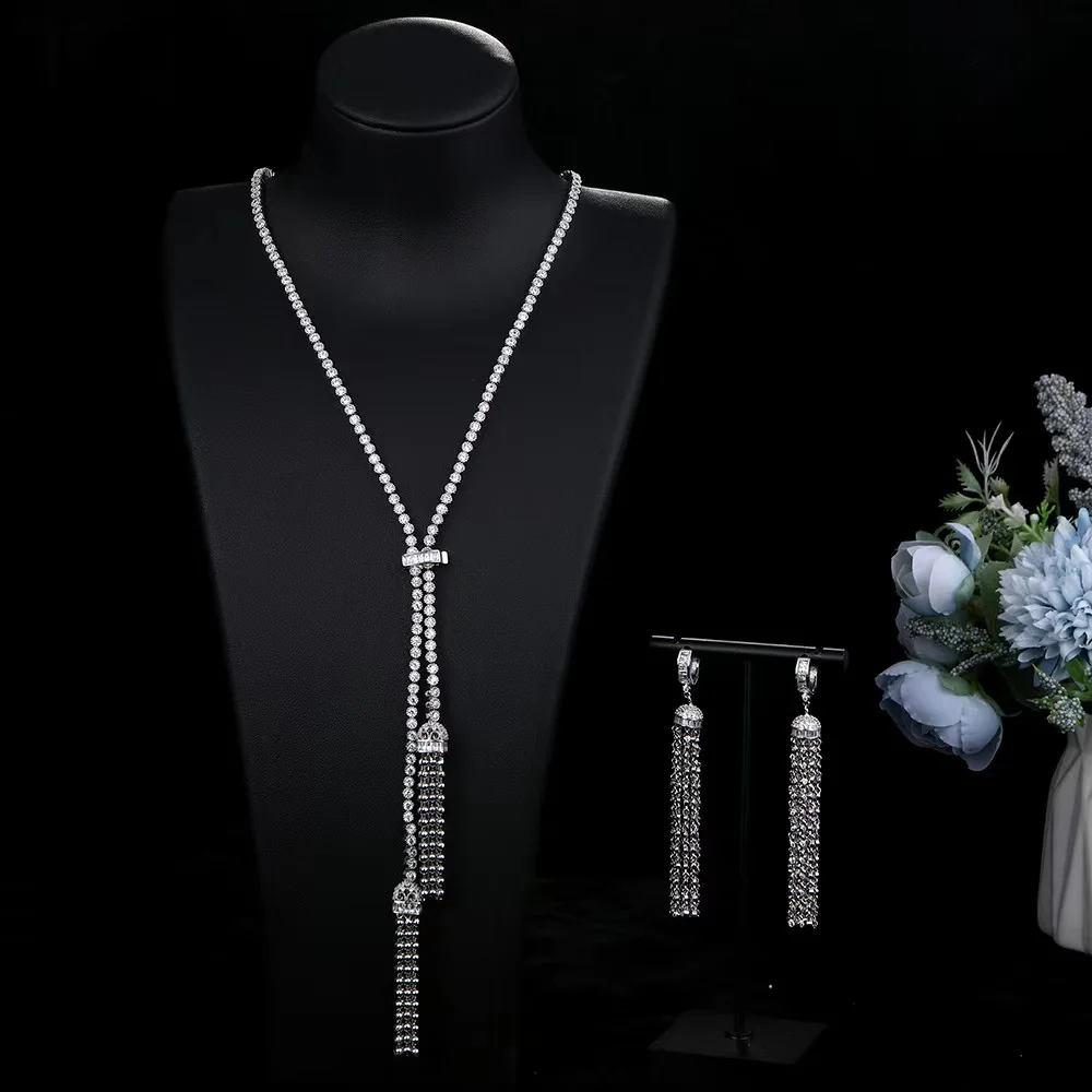 Luxury 2PCS Tassel Jewelry Set For Women Wedding Party Long Necklace Earrings Copper Zircon Fashion Bridal Jewelry Sets 2023